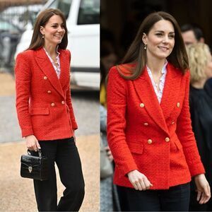Zara Textured Tweed Red Gold Button Double Breasted Blazer Kate Middleton Size S